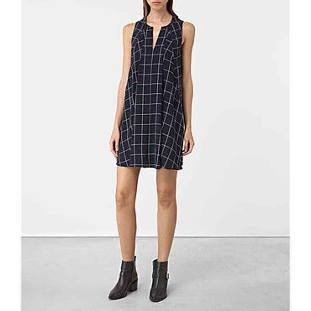 AllSaints Bea Dress Black White Windowpane Check Plaid V-Neck Shift Mini Dress 8